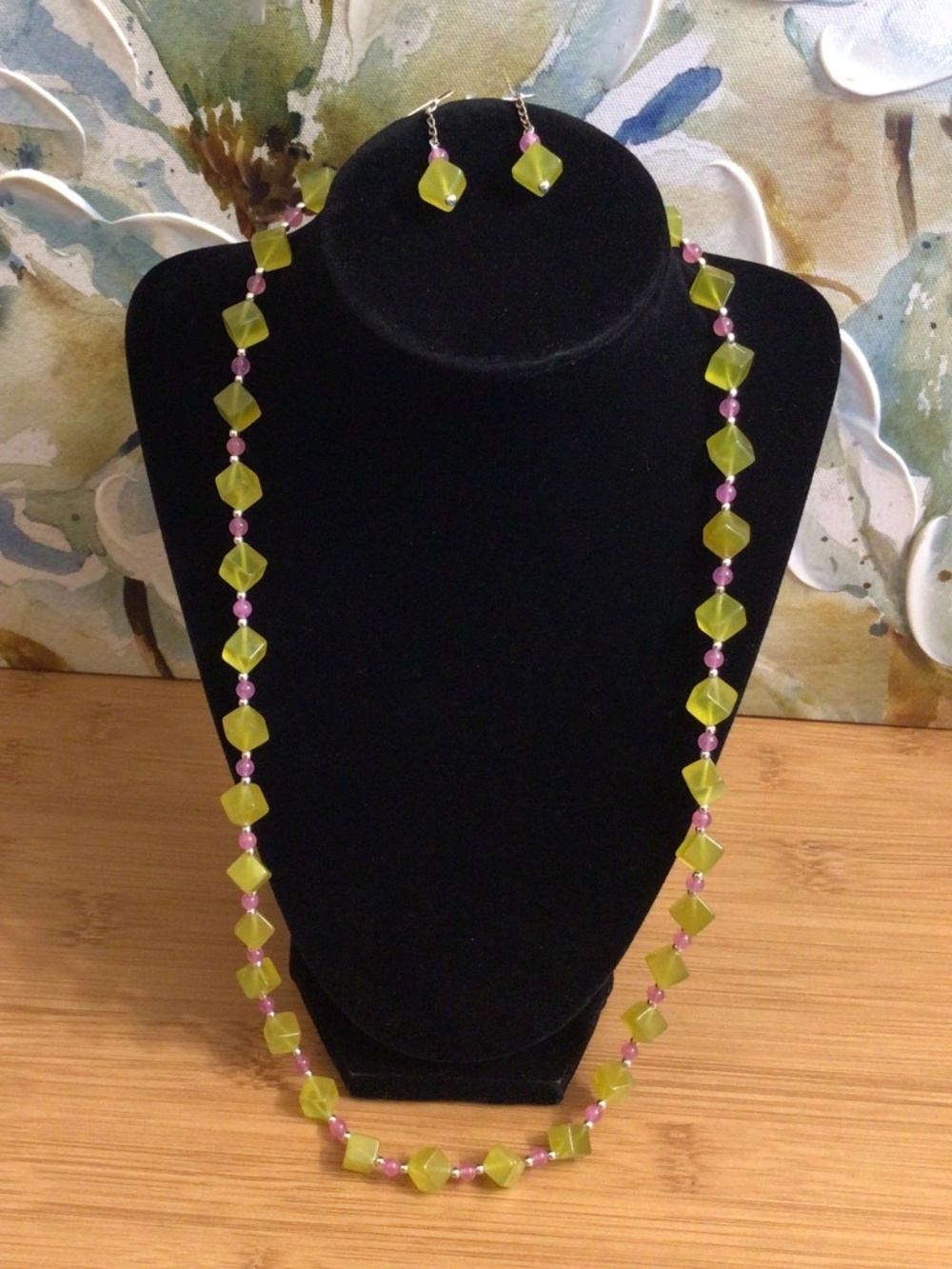 Striking Vibrant Green Cube Gemstone Necklace &Earrings Jewelry Set Handmade